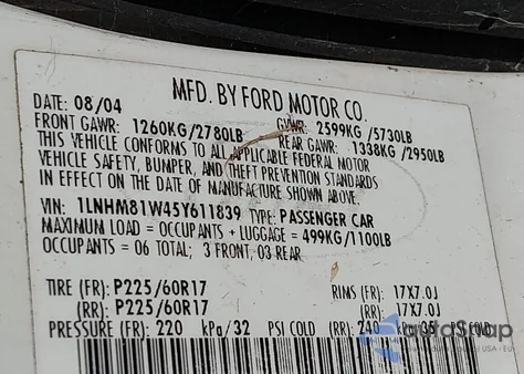 2005 Lincoln Town Car Signature from USA, damaged, VIN 1LNHM81W45Y611839